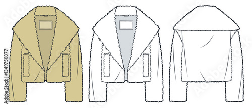 Cropped Fur Jacket Technical Fashion Illustration. Winter Coat fashion flat technical drawing template, pockets, front and back view, white, beige, women, men, unisex CAD mockup set.
