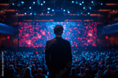 visionary tech CEO stands confidently on grand stage, addressing captivated audience. vibrant backdrop of lights creates inspiring atmosphere, highlighting innovation and leadership