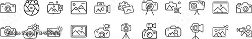 A collection of line art icons depicting cameras, images, tripods, flashes, and other photography equipment. Simple, black outline style.