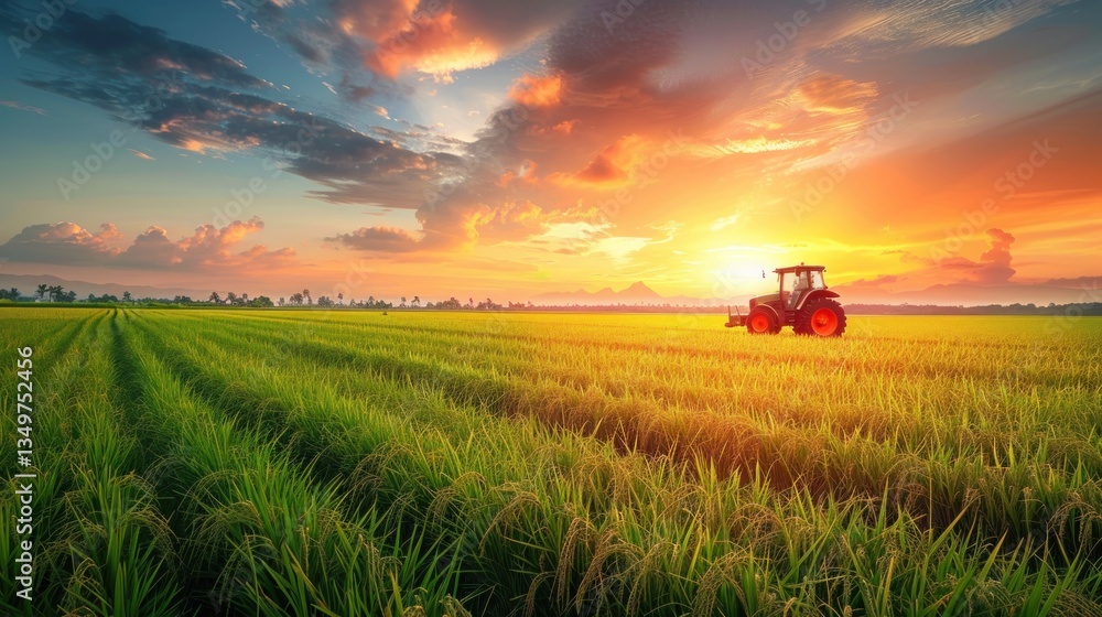 Fototapeta premium Sunset tractor on rice paddy field