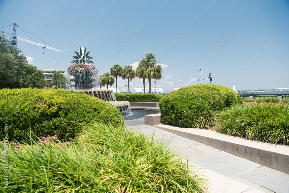 Fototapeta premium Waterfront fountain in the historical district of Charleston, SC.