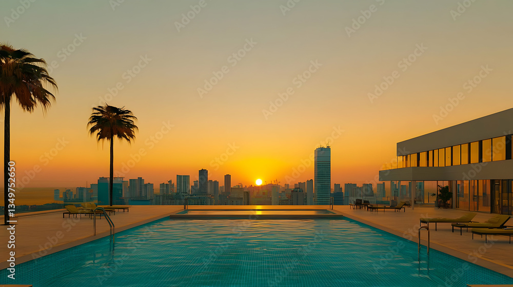 Fototapeta premium Sunset Rooftop Pool With City View