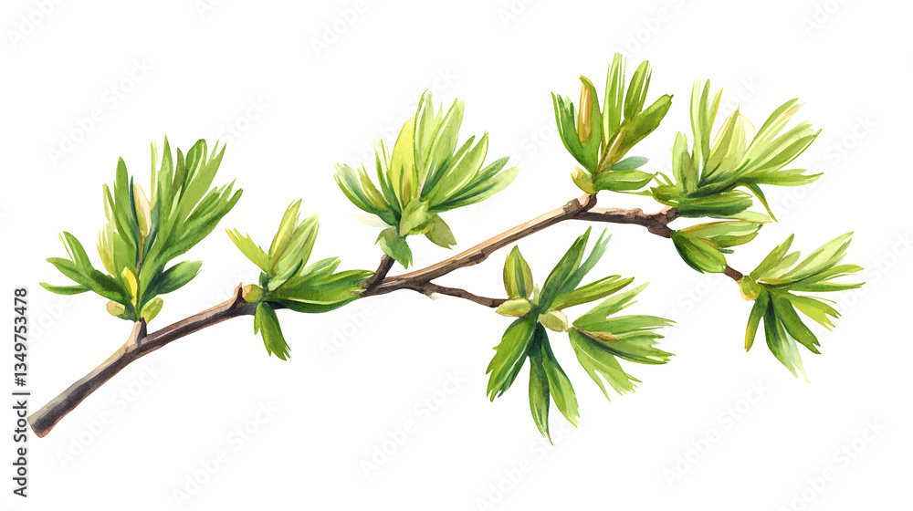 High-Quality Watercolor Green Branch with Leaves Cartoon Vector Illustration High-Quality Watercolor Green Branch with Leaves Cartoon Vector Illustration
