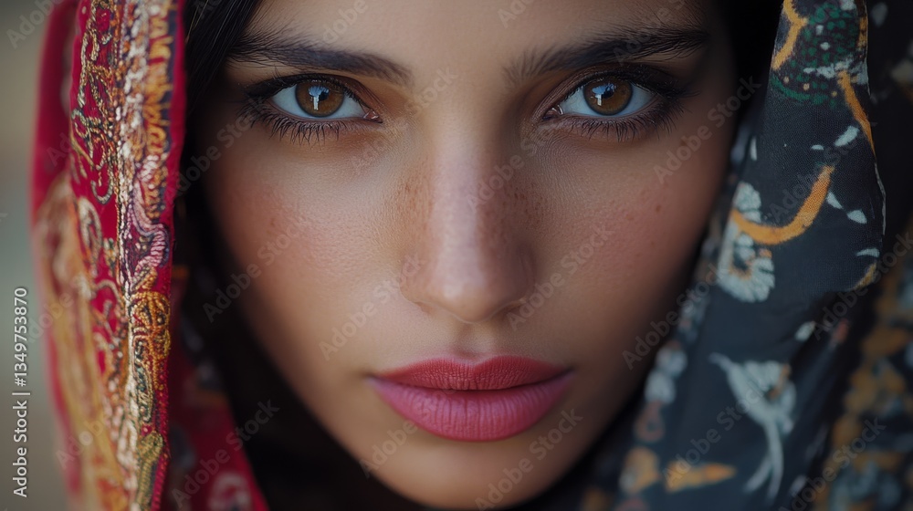 Close-Up Portrait of a Beautiful Woman with Intriguing Eyes and Colorful Headscarf Close-Up Portrait of a Beautiful Woman with Intriguing Eyes and Colorful Headscarf