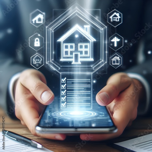 Hands holding a smartphone with digital icons representing smart home technology and Internet of Things (IoT) integration,Blue building symbol with locks signifies security 