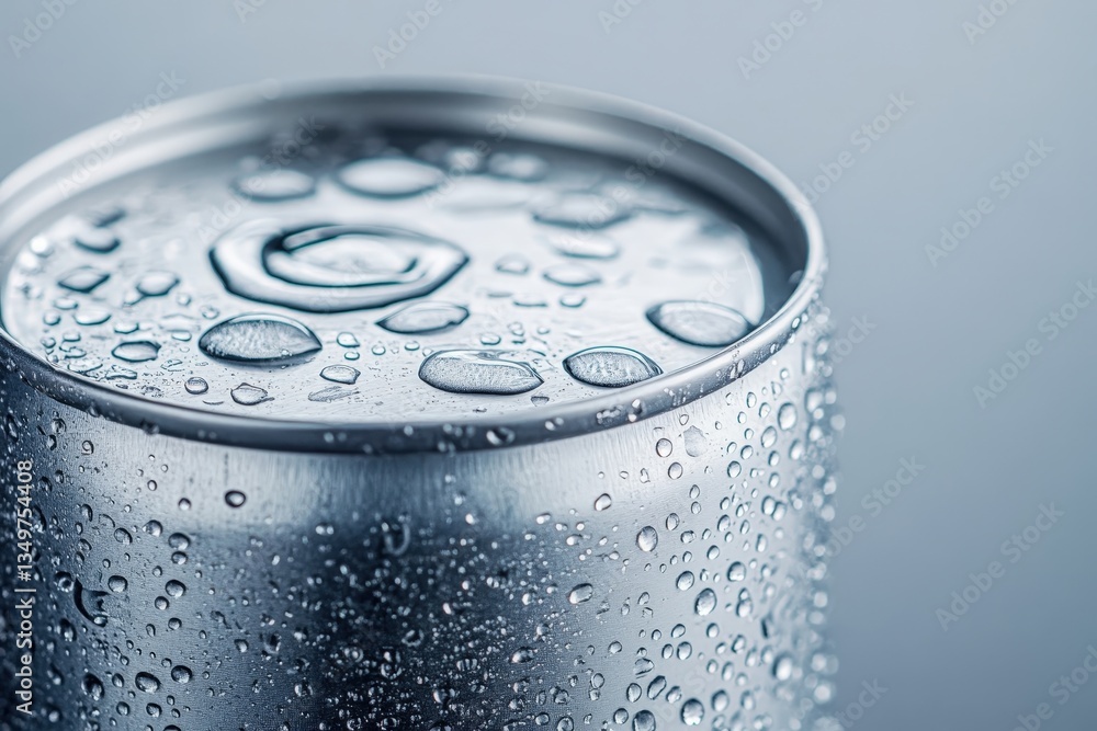 A close up view of a metallic can with droplets