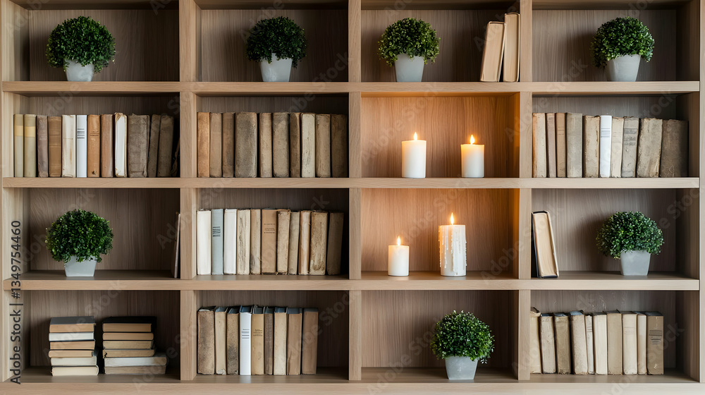 Fototapeta premium Wooden Bookshelf With Books And Plants