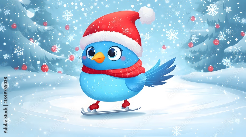 Festive Blue Bird Skating in Red Cap - Cute Christmas Illustration Festive Blue Bird Skating in Red Cap - Cute Christmas Illustration