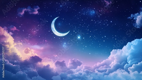 Night sky crescent moon cloudscape cosmic background