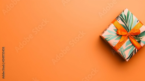 A wrapped gift box sits on an orange background, highlighting its tropical design and ribbon