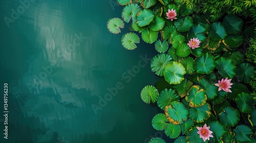 Aerial view of pink lotus flowers and green lily pads on a dark green pond