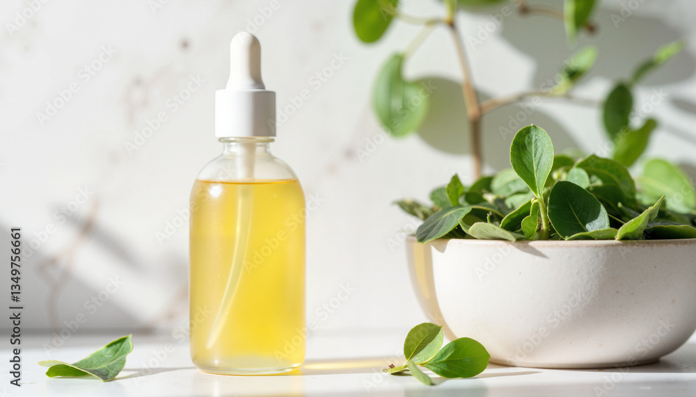 Essential oil in glass bottle with green plants Essential oil in glass bottle with green plants