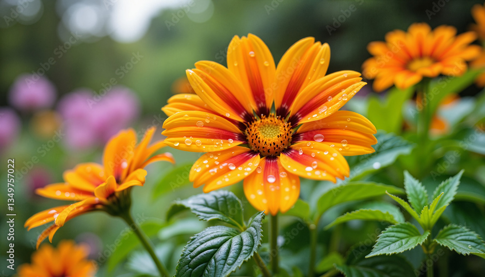 Fototapeta premium Vibrant orange flowers with drops of water in a lush garden
