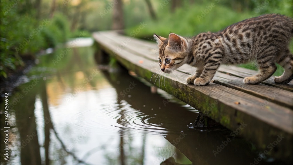 Fototapeta premium Curious bengal kitten observing ripples on a tranquil wooden bridge by a stream in nature's embrace captured at dawn with soft lighting