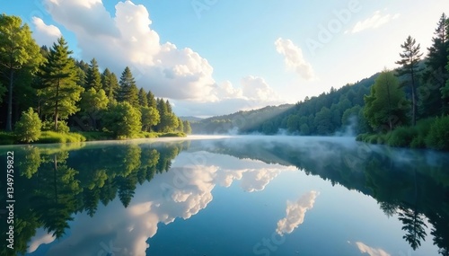 Symmetrical lake reflections mirroring trees and sky, symmetry, nature, background