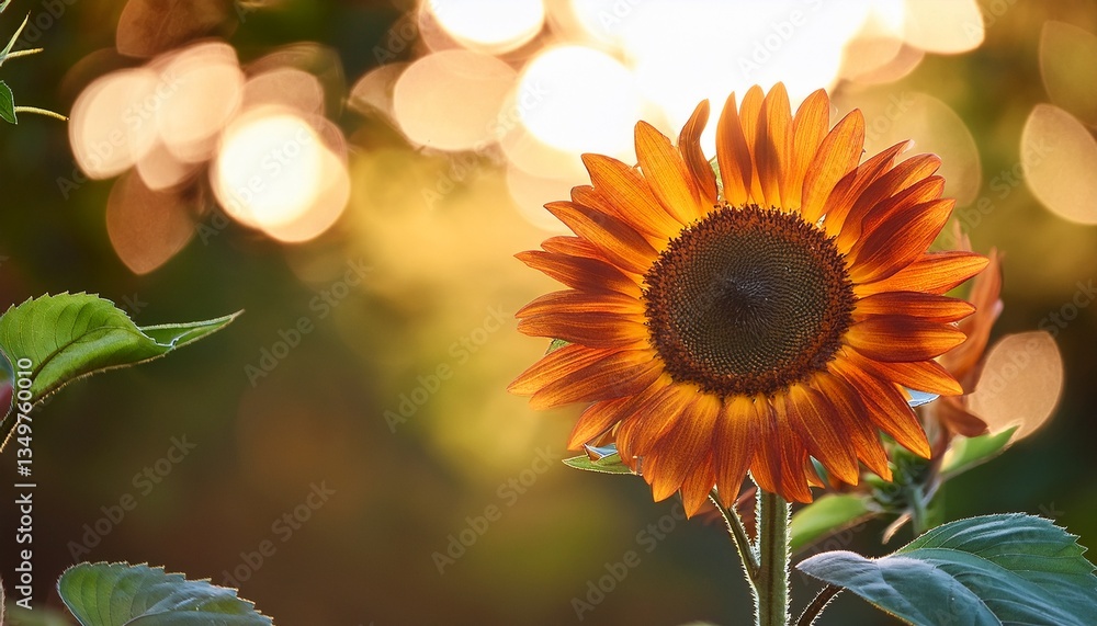 Fototapeta premium an open sunflower illuminated by sunlight with blurred leaves in the background