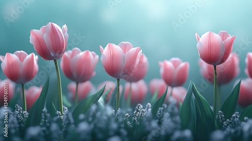 Serene Pink Tulips in a Dreamlike Garden