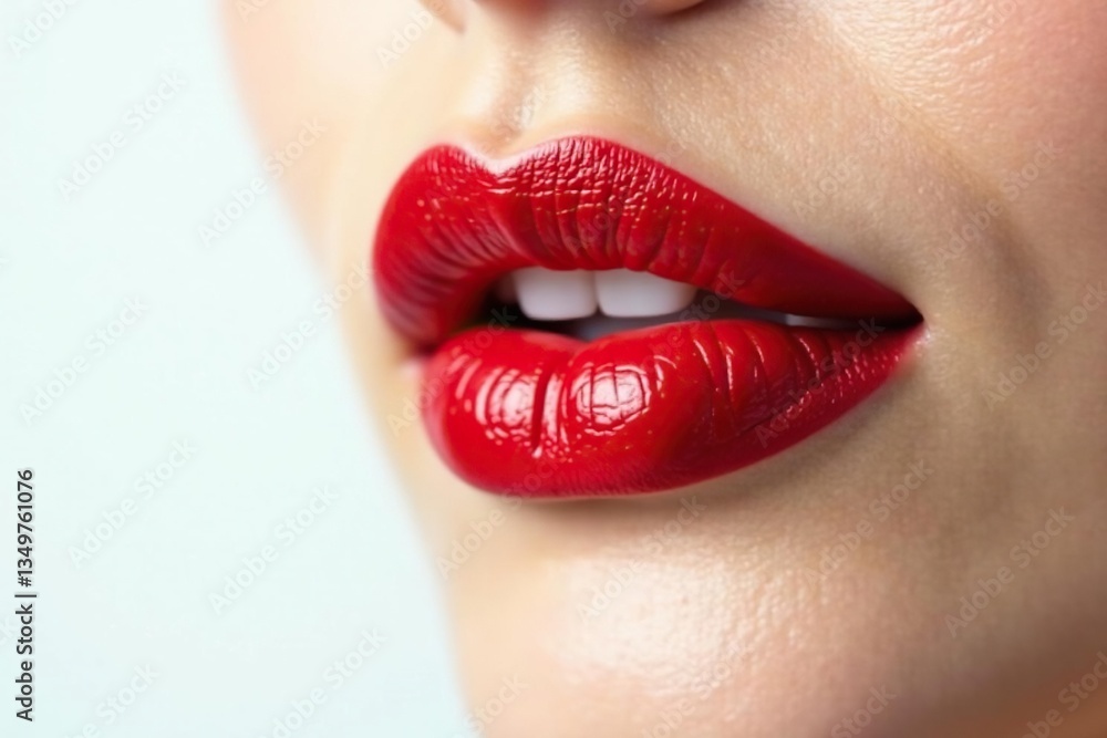 Fototapeta premium Close-up vibrant red lipstick on pure white backdrop, make-up, shiny