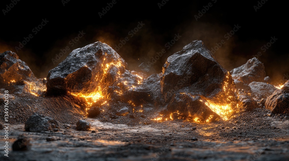 Hyper-realistic boulder detonation, fragments illuminated by backlight for a dramatic effect. Hyper-realistic boulder detonation, fragments illuminated by backlight for a dramatic effect.