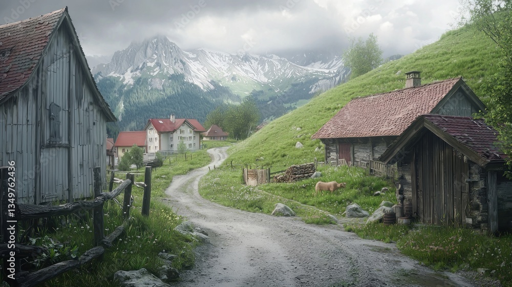 Alpine village path, overcast, mountain backdrop, rural scene Alpine village path, overcast, mountain backdrop, rural scene