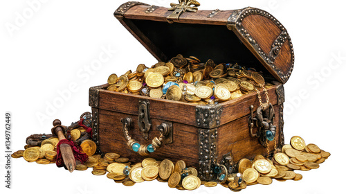 A pirate?s treasure chest overflowing with gold coins and jewels on a transparent background 
