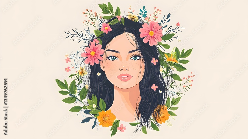 Elegant Design of Beautiful Woman with Flower Wreath Illustration for Creative Projects Elegant Design of Beautiful Woman with Flower Wreath Illustration for Creative Projects