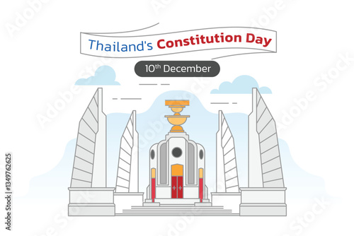 Thailand Constitution Day, Democracy Monument of Thailand cartoon illustration with Thai flag. Celebrated on December 10th. Flat vector style.