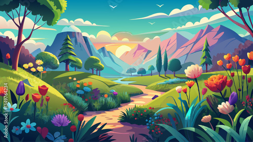 Artistic concept of painting a beautiful landscape of wild nature, with flowery meadows in the background. Tender and dreamy design, background illustration