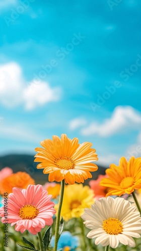 Vibrant Spring Flowers against a Sunny Blue Sky
