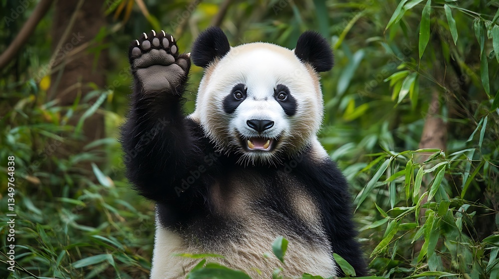Adorable panda waving hello in a lush forest Adorable panda waving hello in a lush forest