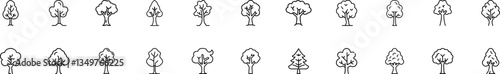 Collection of Diverse Tree Icons Line Art, Nature, Forest, Botany