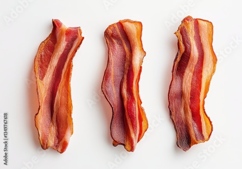 Three Strips of Crispy Bacon on a Clean White Surface Captured in Natural Light Ideal for Culinary and Food Photography Projects