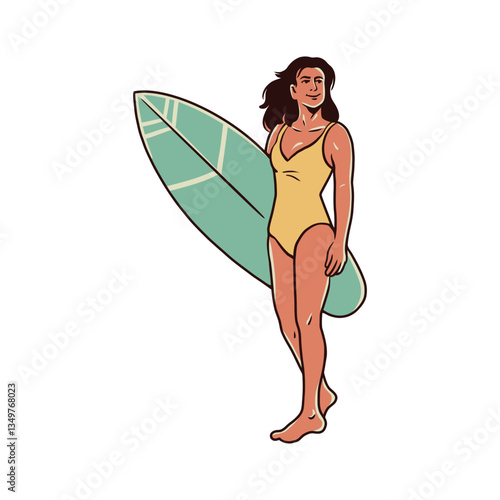 Smiling woman surfer carrying a surfboard.