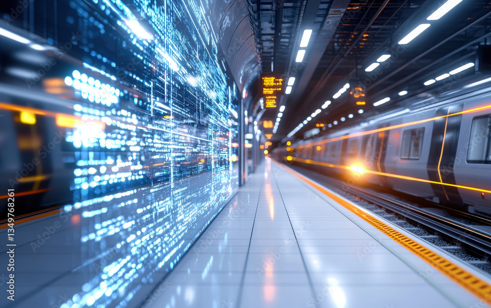 futuristic train station featuring augmented reality elements, illuminated platforms, and sleek trains in motion, creating dynamic atmosphere futuristic train station featuring augmented reality elements, illuminated platforms, and sleek trains in motion, creating dynamic atmosphere