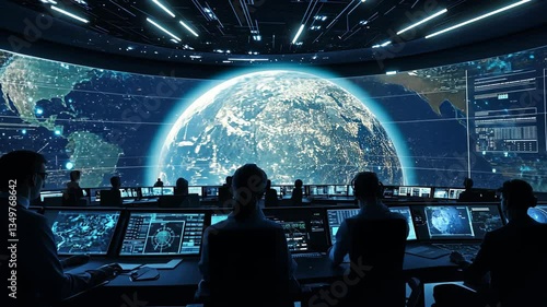 Large digital display of Earth in a futuristic auditorium with people watching, symbolizing global technology themes.
