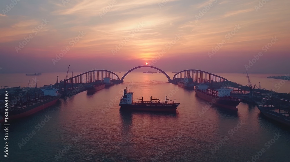 Obraz premium Sunset over harbor, cargo ships, bridge construction