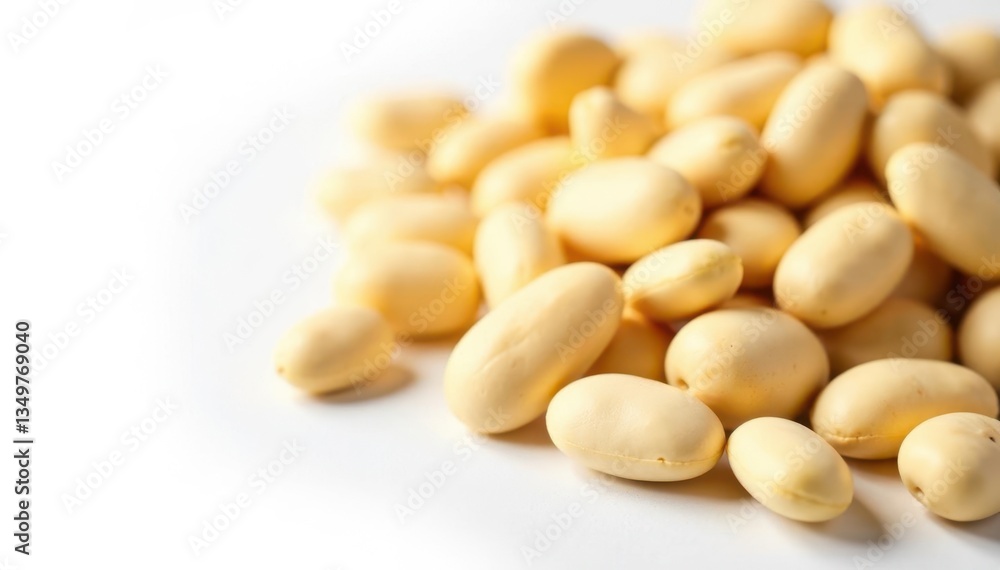 Close-up of dry white beans on white background, fresh, organic, kitchen Close-up of dry white beans on white background, fresh, organic, kitchen