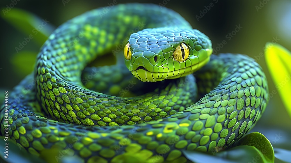 Striking close-up of an elegant green snake coiled in a graceful pose Striking close-up of an elegant green snake coiled in a graceful pose