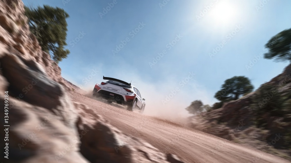 sleek rally car barrels through rugged dust-laden track under vast open sky with sun illuminating path ahead while sleek rally car barrels through rugged dust-laden track under vast open sky with sun illuminating path ahead while