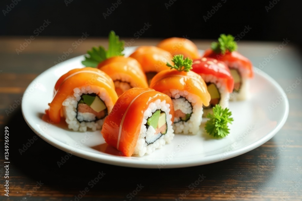 Colorful sushi platter on white, various rolls , fish, rolls Colorful sushi platter on white, various rolls , fish, rolls