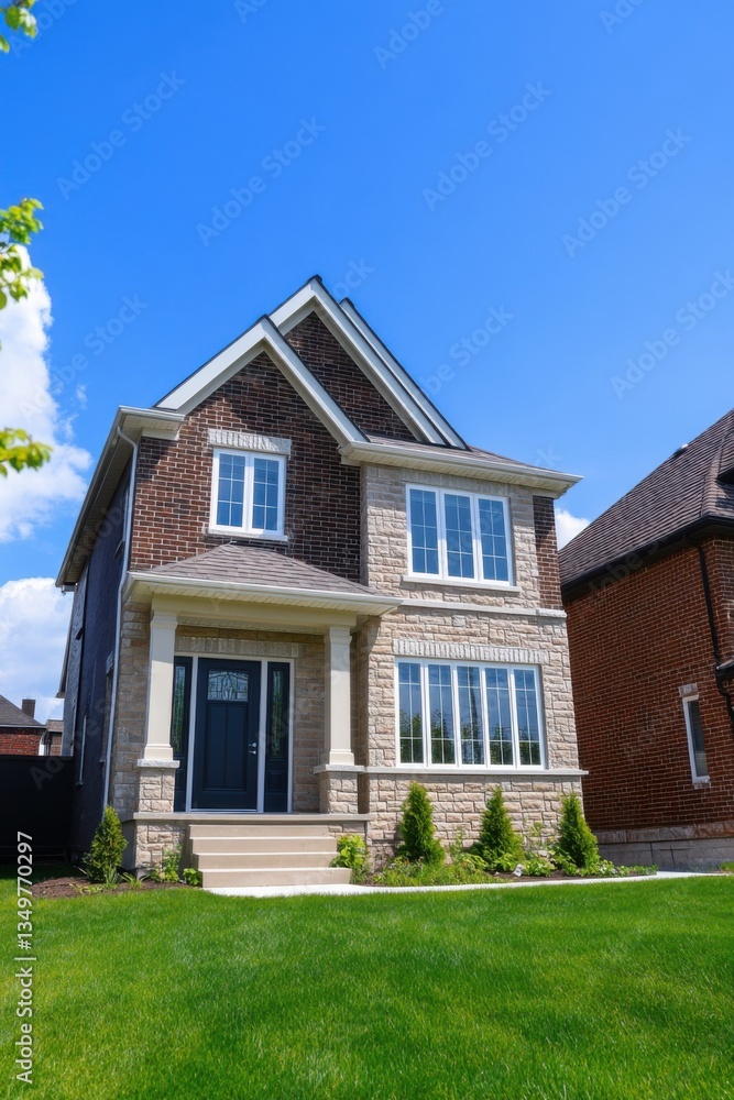 Newly constructed two-story house with brick and stone facade on a sunny day in a suburban neighborhood featuring green lawn and clear blue sky Newly constructed two-story house with brick and stone facade on a sunny day in a suburban neighborhood featuring green lawn and clear blue sky