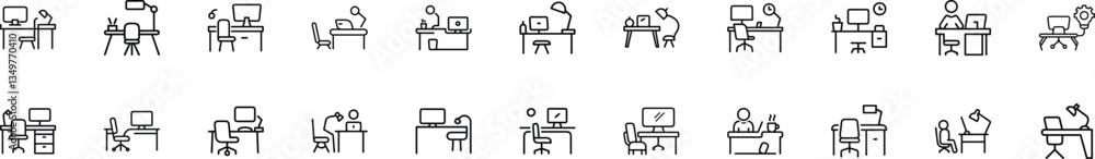 A collection of line icons depicting various workspace setups, including desks, chairs, computers, and lamps. Different arrangements and styles are shown. A collection of line icons depicting various workspace setups, including desks, chairs, computers, and lamps. Different arrangements and styles are shown.
