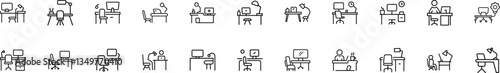 A collection of line icons depicting various workspace setups, including desks, chairs, computers, and lamps. Different arrangements and styles are shown.