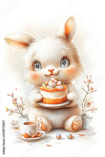 Osterhase mit Kuchen,  Aquarell, generative AI