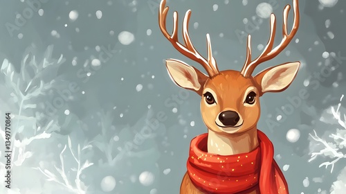 Adorable Christmas Deer in Red Scarf, Festive Rudolph Reindeer Portrait