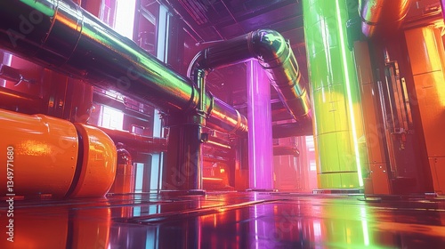 Fototapeta Naklejka Na Ścianę i Meble -  Neon pipes, industrial corridor, vibrant colors, futuristic environment
