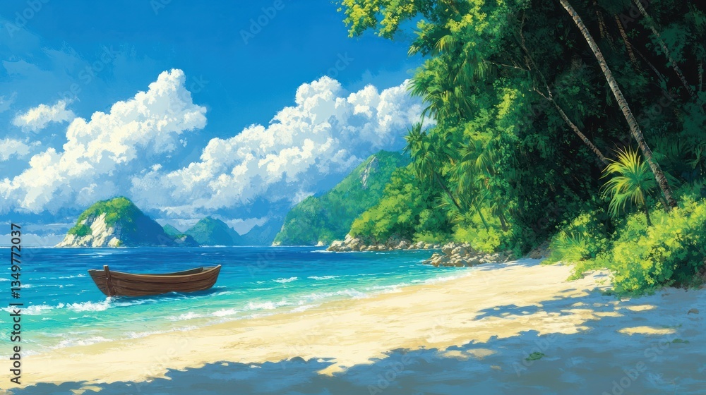 Obraz premium Tropical beach scene with wooden boat, lush foliage, and distant islands