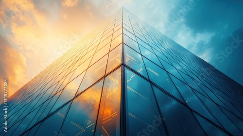 Modern glass skyscraper at sunset. (2)