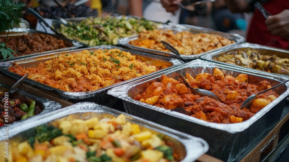 Colorful Buffet Display of Various Dishes at a Street Food Market with Engaging Vendors Colorful Buffet Display of Various Dishes at a Street Food Market with Engaging Vendors