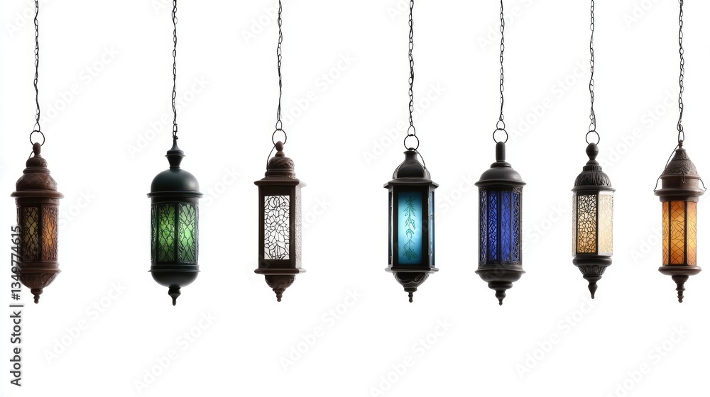 Hanging lanterns, diverse colors, white background Hanging lanterns, diverse colors, white background